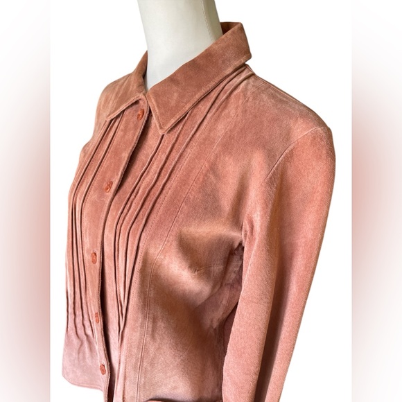 Vintage Retro Margaret Godfrey Peach Suede Leather Pleat Front Jacket, Size 12 - Picture 2 of 8